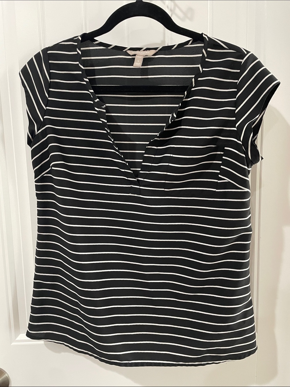 Banana Republic Black and White Striped V-Neck Cap Sleeve Top